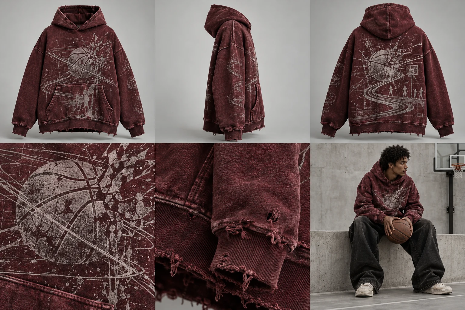 Concept fictif AFTER THE BUZZER / DISTRESSED HOODIE — vue de face, bordeaux délavé / gris.