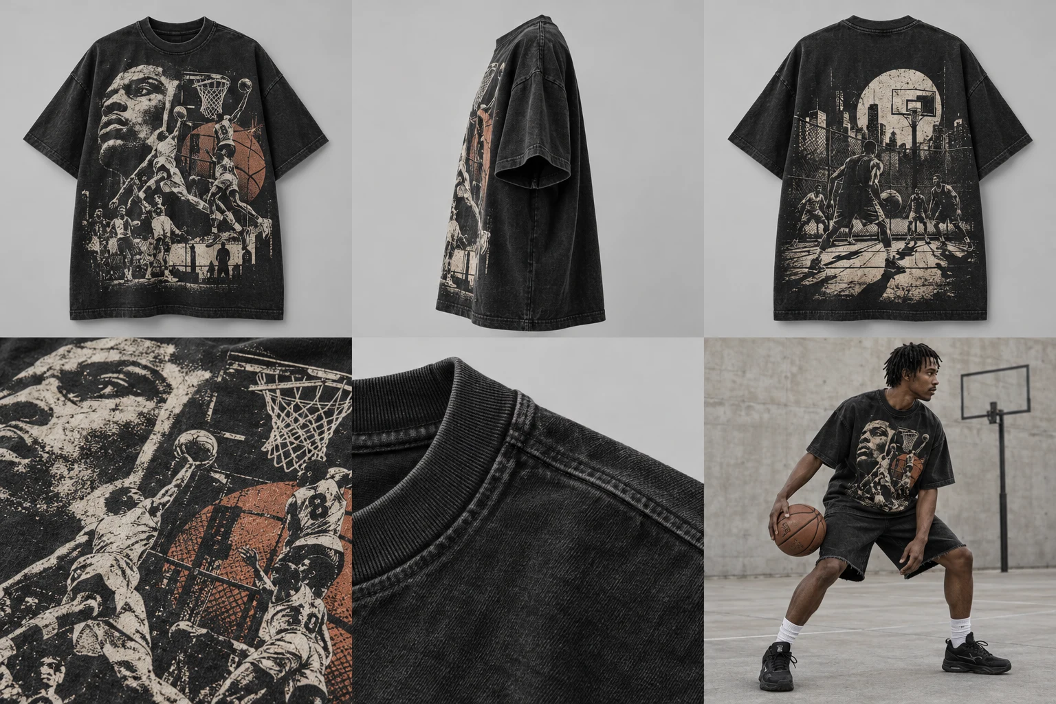 Concept fictif DEADSTOCK / HEAVYWEIGHT GRAPHIC TEE — vue de face, noir vintage / blanc cassé.