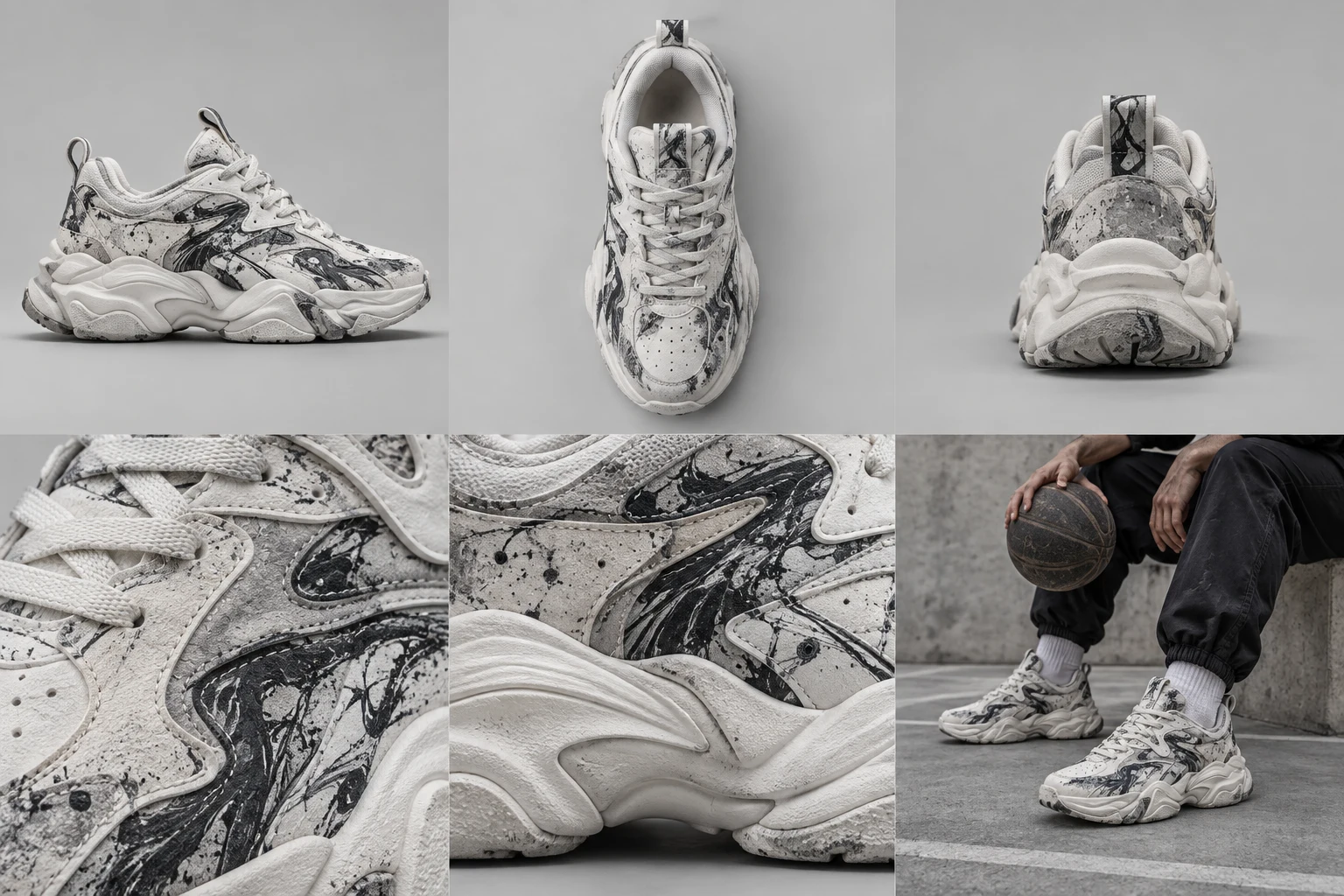Concept fictif GHOST PRINT / LOW 01 — vue principale, white / concrete grey / black.