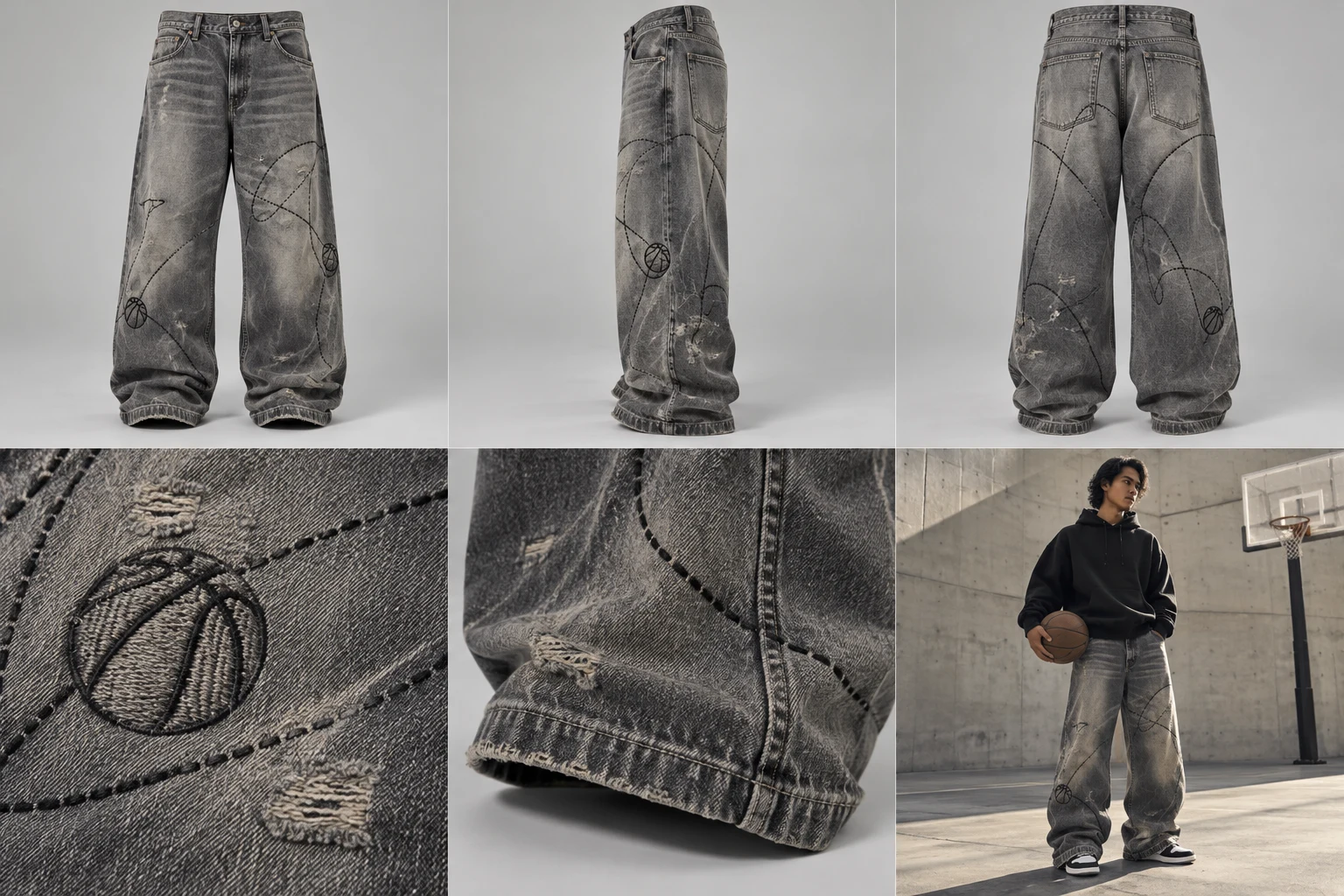 Concept fictif LOST SEASON / ULTRA BAGGY DENIM — vue de face, gris délavé.