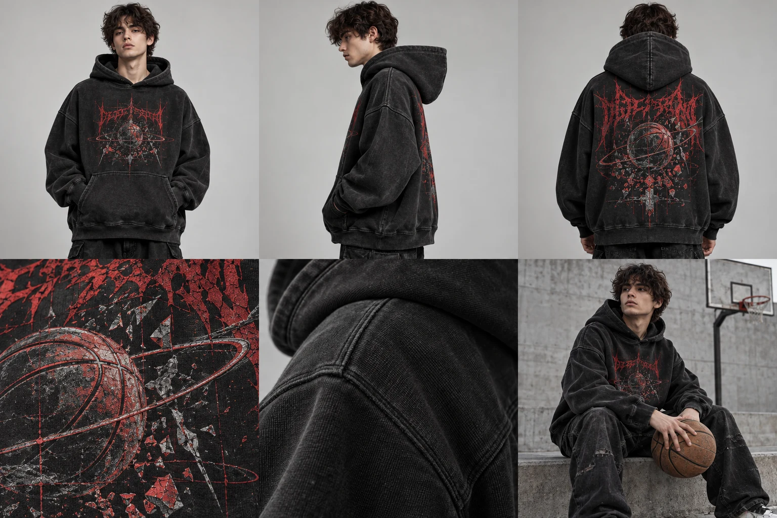 Concept fictif NO SIGNAL / WASHED GRAPHIC HOODIE — vue de face, noir délavé / rouge.