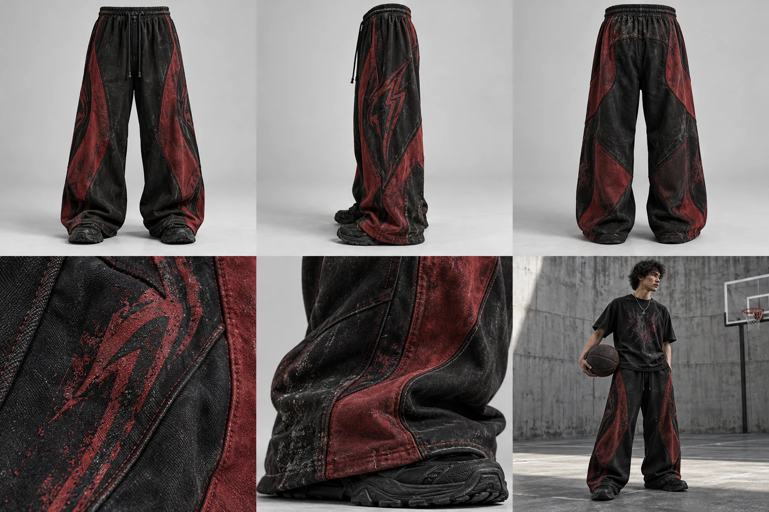 Concept fictif OFF COURT / PANELLED TRACK PANTS — vue de face, noir / rouge profond.