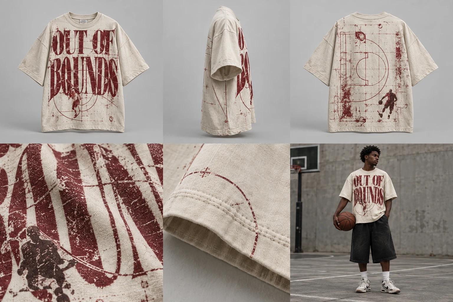 Concept fictif OUT OF BOUNDS / VINTAGE BOXY TEE — vue de face, blanc cassé / rouge sombre.