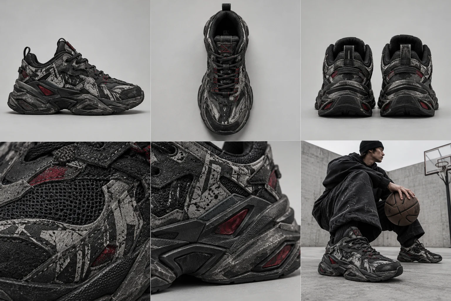 Concept fictif PHANTOM / LOW 02 — vue principale, washed black / dark red / grey.