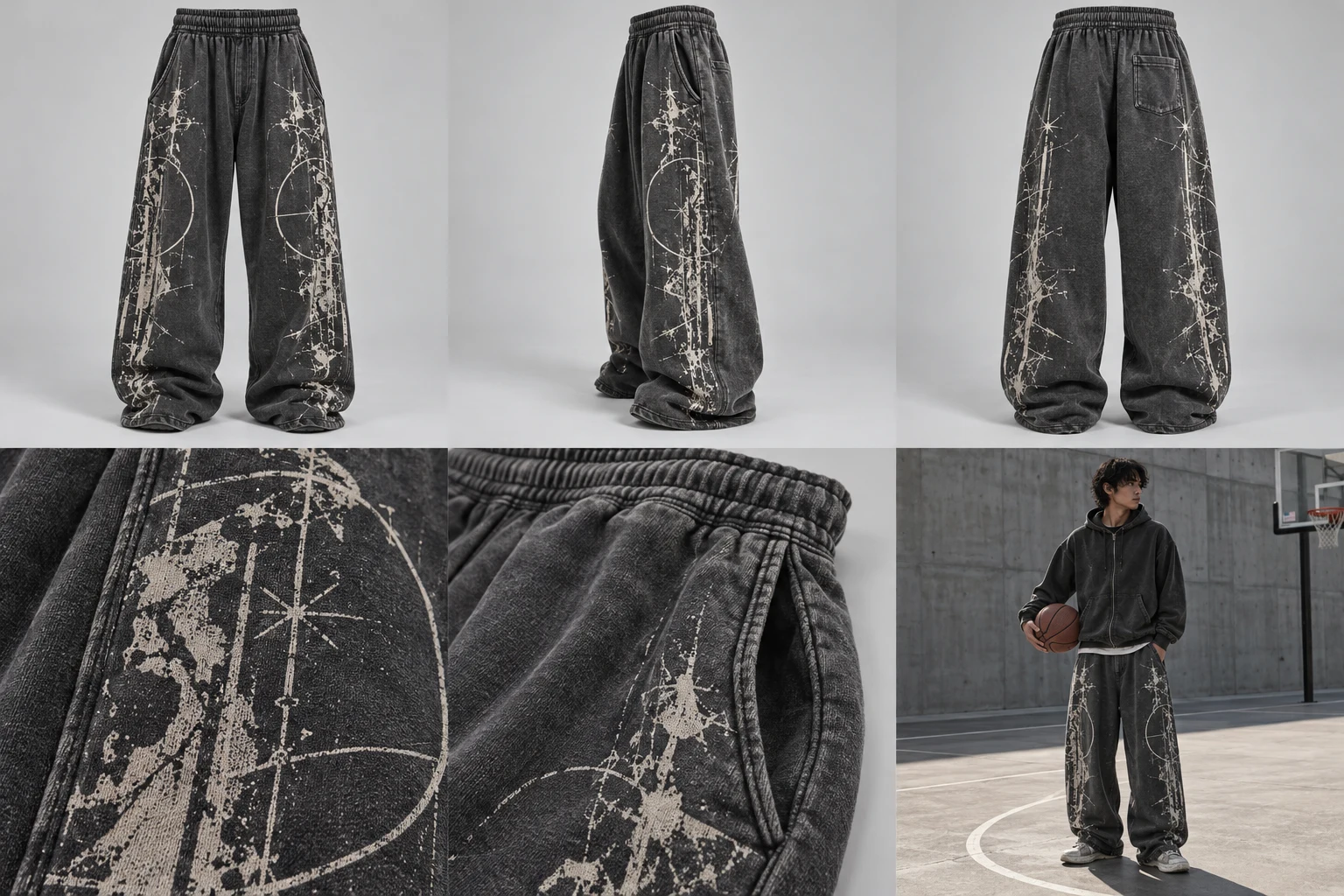 Concept fictif ZERO HOUR / WIDE LEG SWEATPANTS — vue de face, gris charbon délavé.